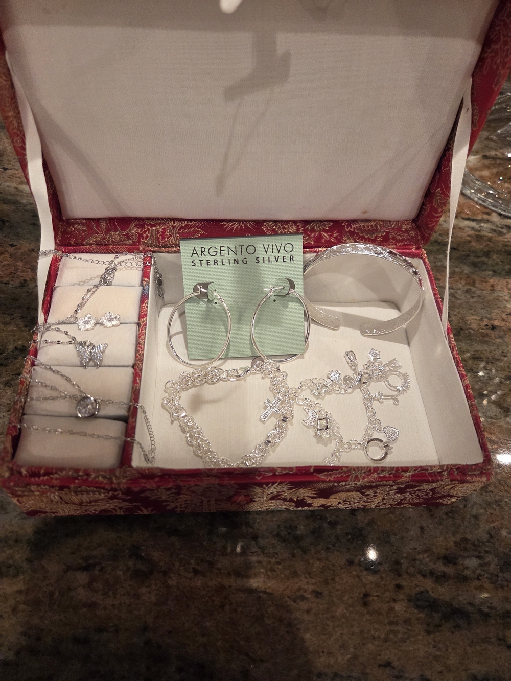 Bundle Of Sterling Silver Jewelry With Asian Fabric Jewelry Box